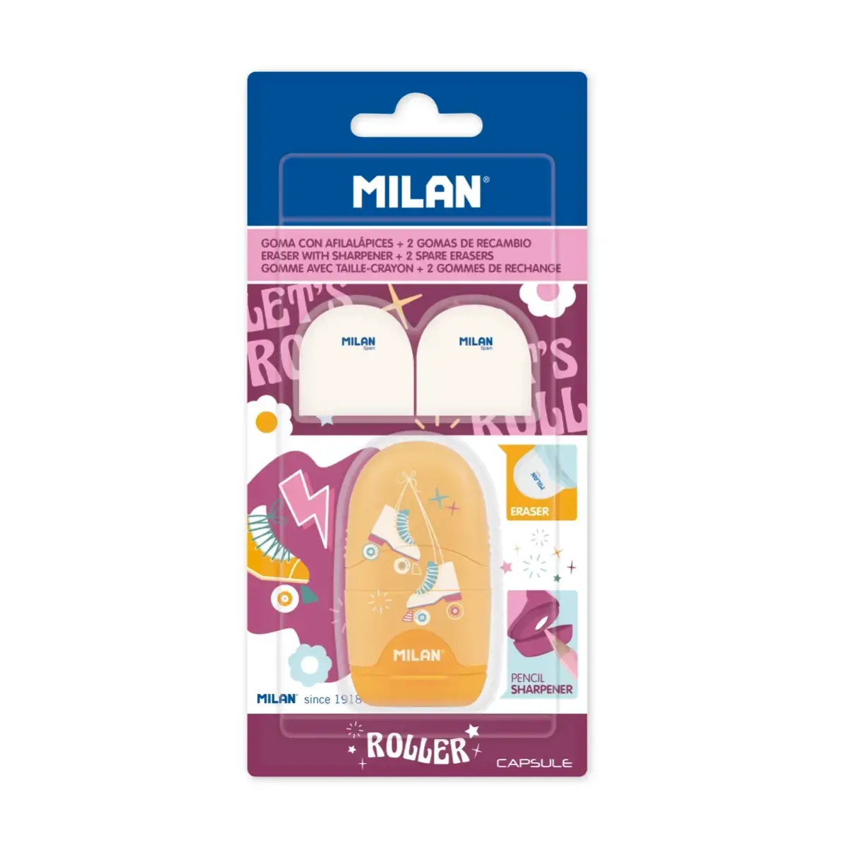 Blister Pack Eraser With Pencil Sharpener CAPSULE Roller 2 Spare Erasers - View #4
