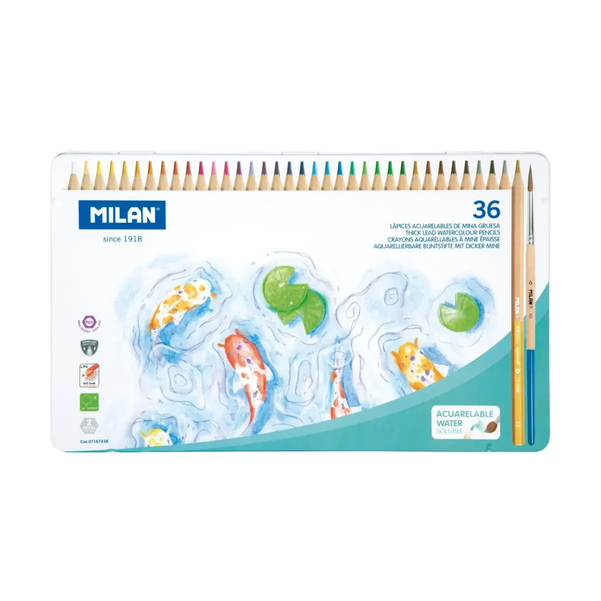 Metal kutu 36 kalın uçlu water soluble renkli kalem ve fırça