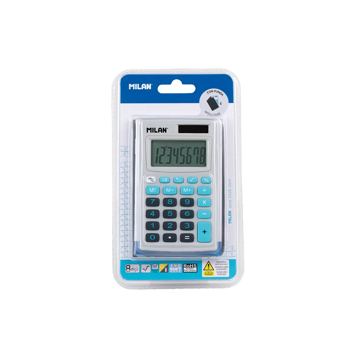 blister mavi ve gri 8-digit hesap makinesi, ve cover