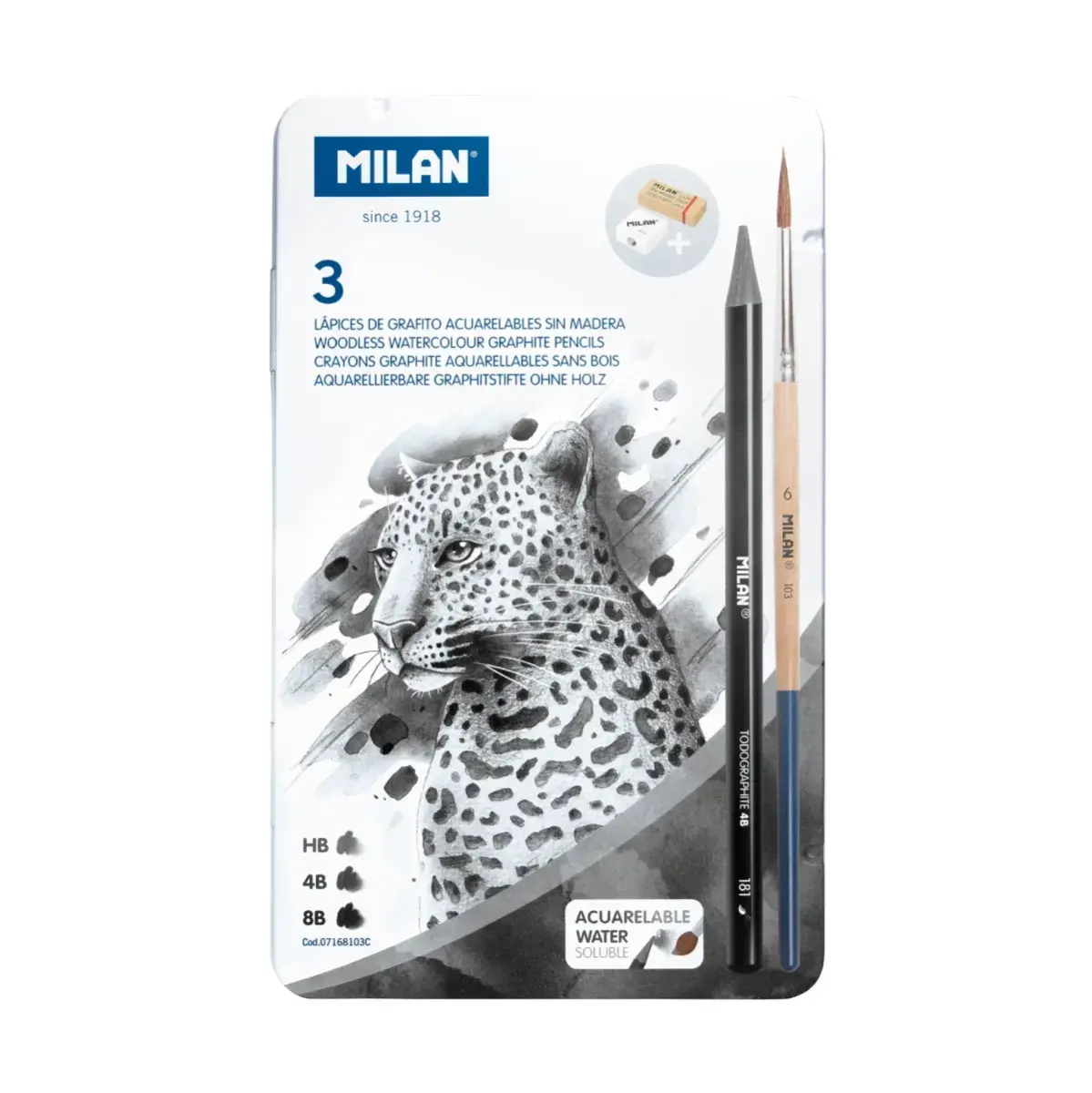 Metal kutu 3 Todographite woodless suyla çözünür kalem (HB, 4B & 8B) + Afila kalem kalemtıraş + Master Gum silgi + fırça