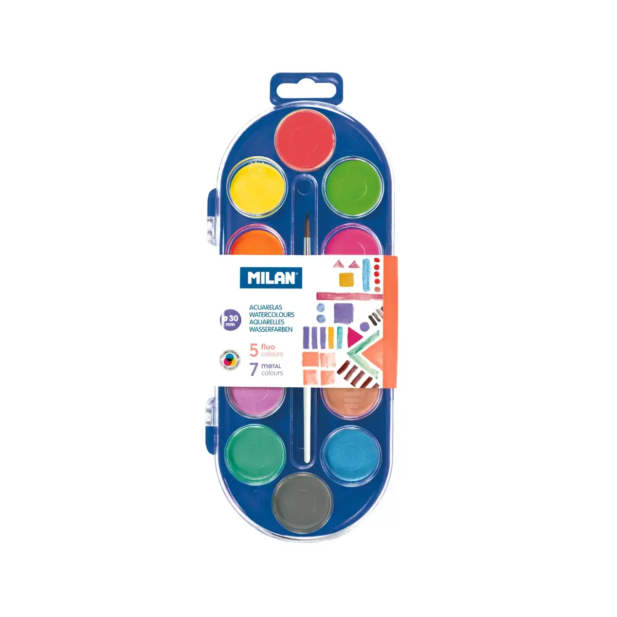 Set 12 fluo ve metal suluboya tablets Ø 30 mm ve fırça