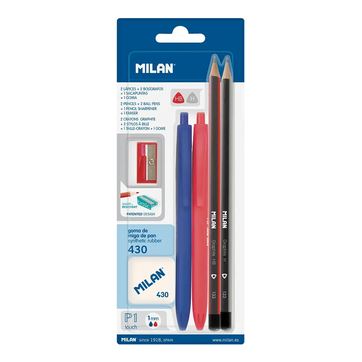 blister 2 P1 tükenmez kalem (mavi ve kırmızı) + 2 grafit kalem (HB ve H) + silgi 430 + kalemtıraş