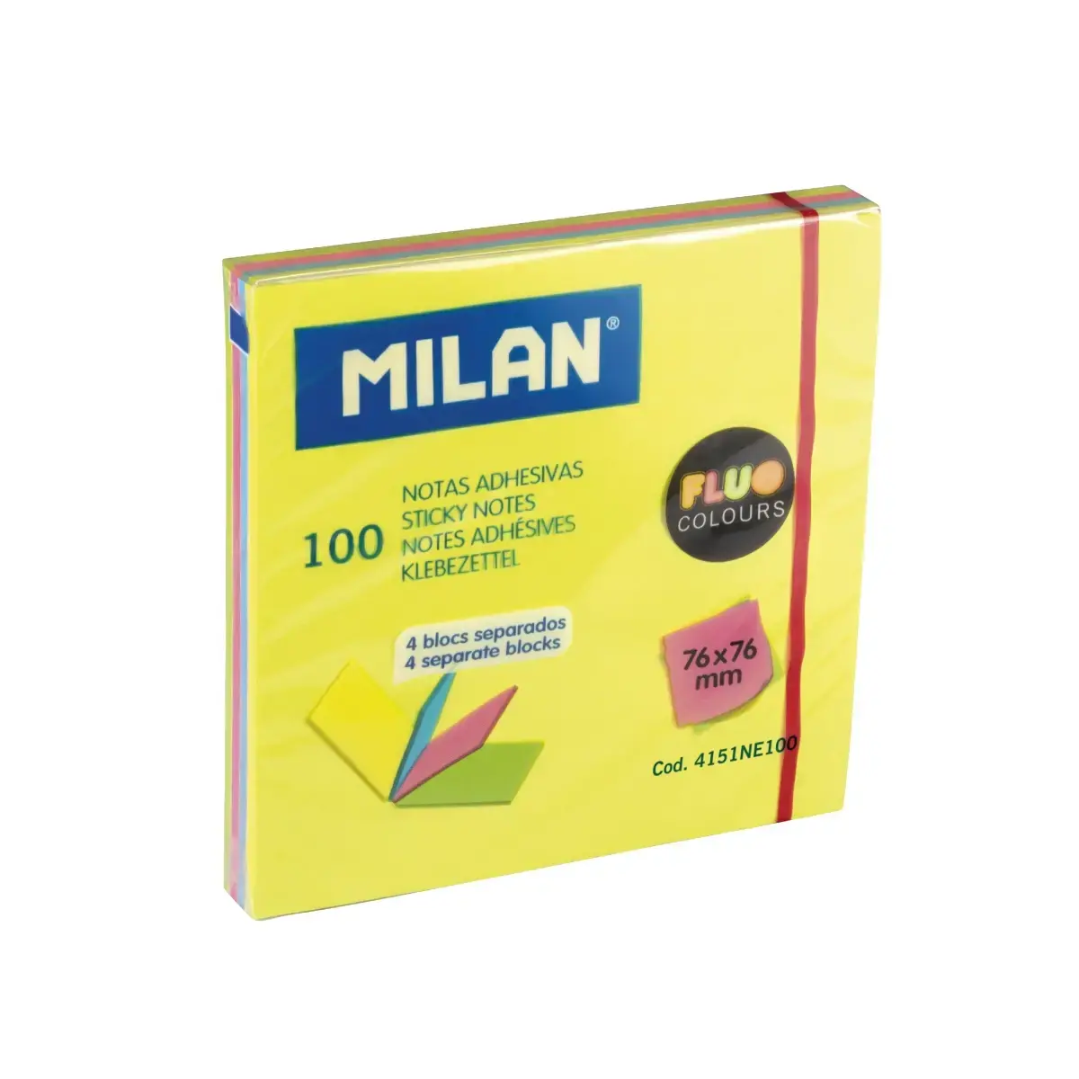 Blok 100 Fluo Renkli Yapışkanlı Not, 4 Ayrı Blok, 76 x 76 mm