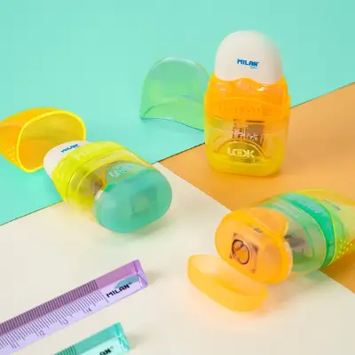 MILAN Blister Sharpener Compact – Double Sharpener With Eraser, Assorted Colors, Safe Blade For All Pencils