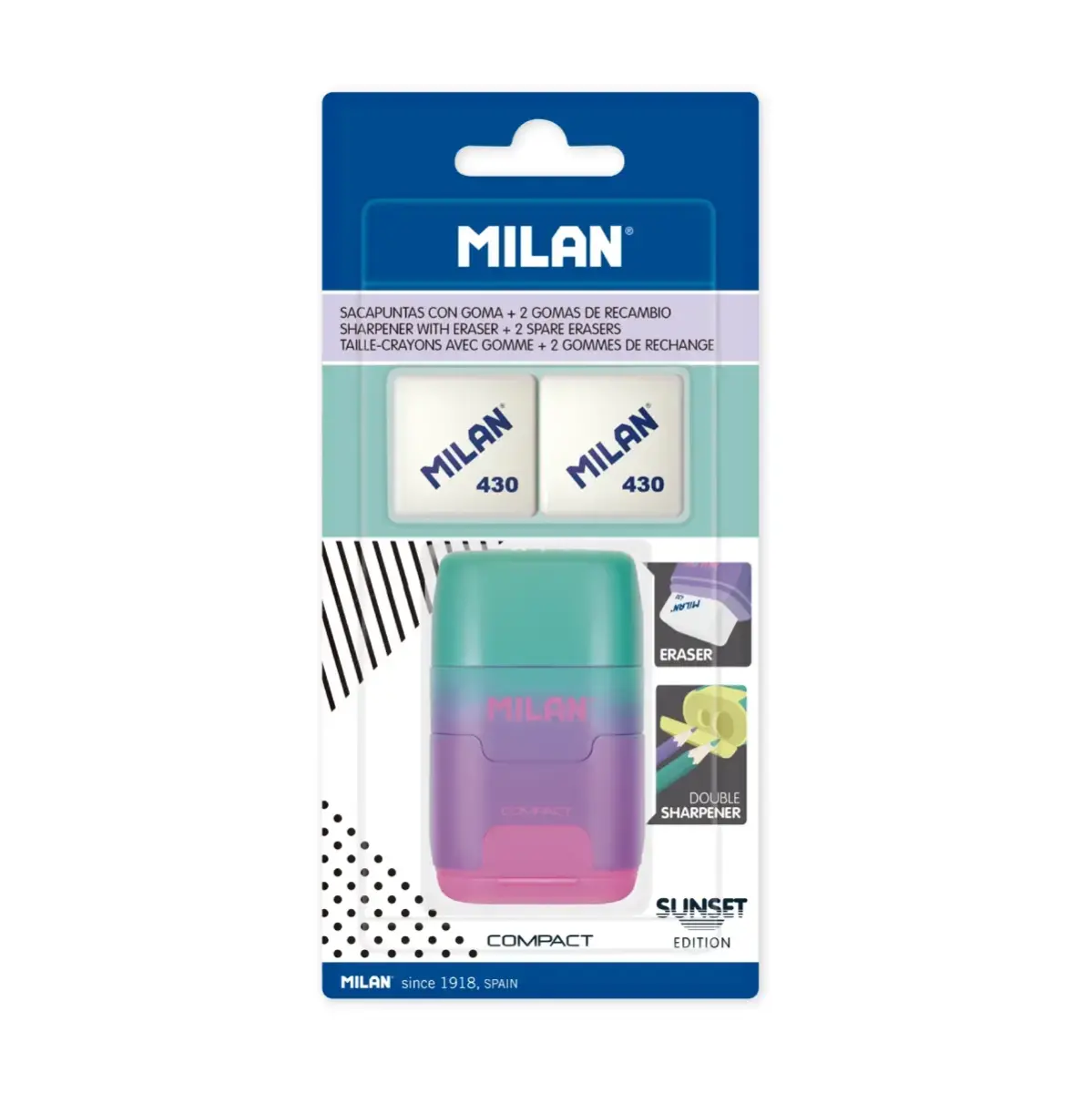 blister silgi ve kalem kalemtıraş COMPACT Sunset lila + 2 yedek silgi
