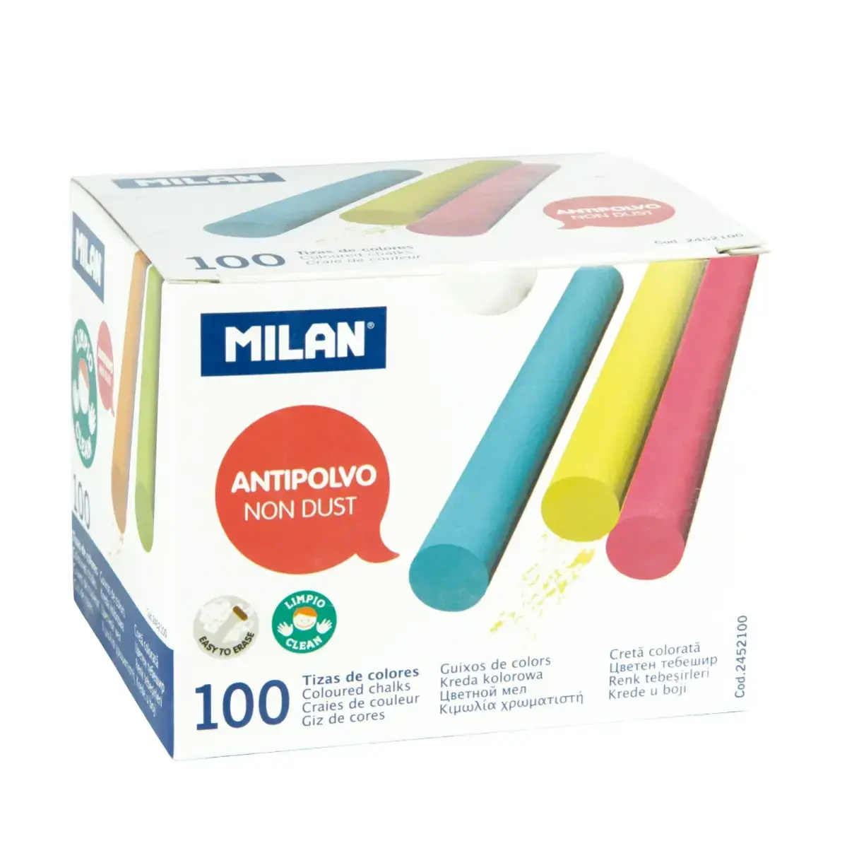 Tiza MILAN 2414100 - Caja De 100 Tizas De Colores Surtidos | Tizas Redondas De Sulfato De Calcio Para Pizarra, Escuela Y Manualidades | Libre De Alérgenos Y Caseína
