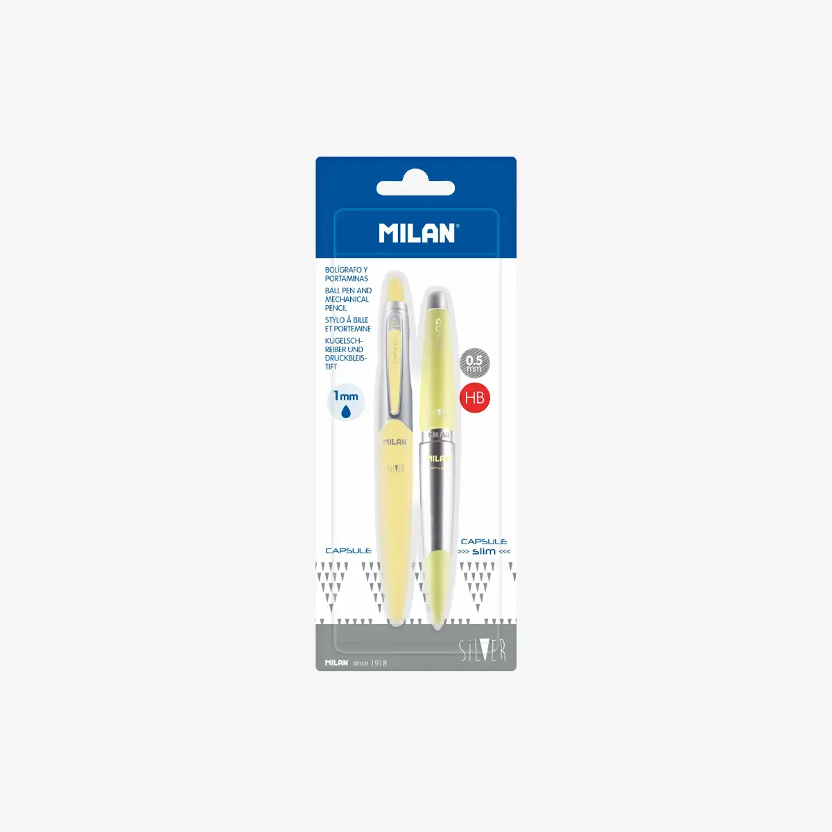 blister 1 mavi mürekkepli tükenmez kalem ve 1 mekanik kalem 0.5 mm CAPSULE gümüş, sarı