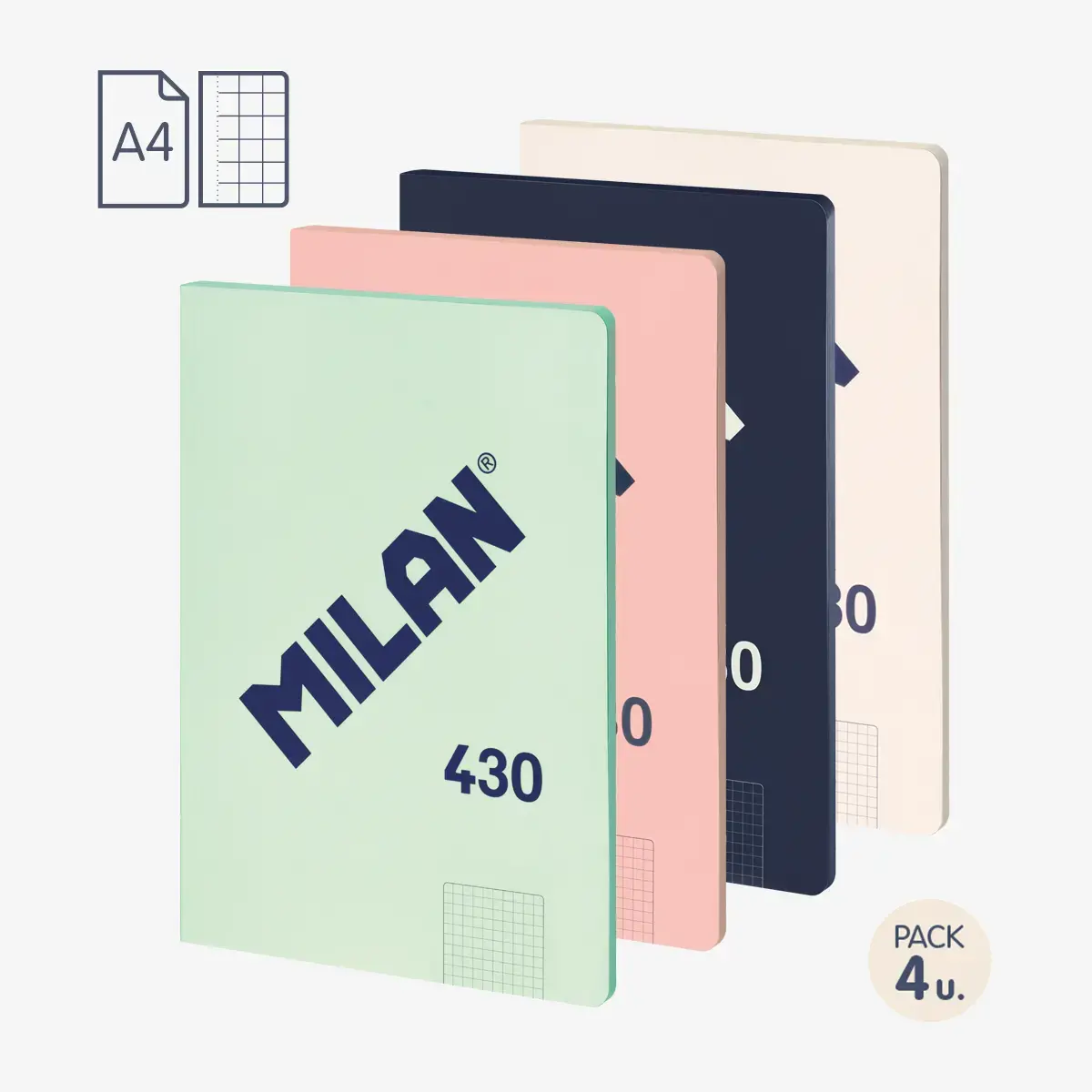 4'lü A4 Ciltli Defter, kareli kağıt (5 x 5 mm), 48 yaprak 95 gr/m², 430 1918 koleksiyonu