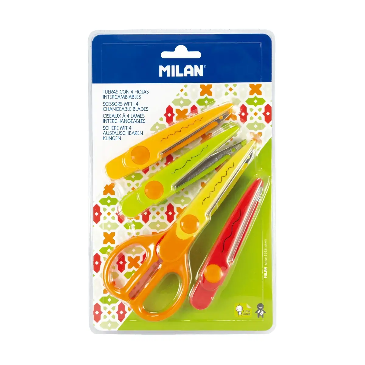 Blister pack zig-zag scissors with 4 interchangeable blades