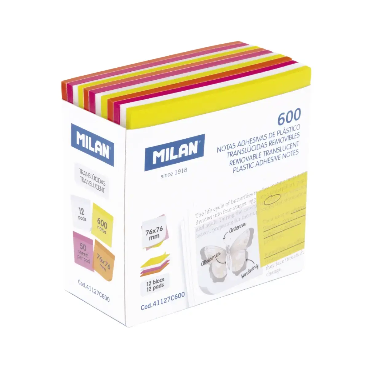 Blok 600 Fluo yarı saydam çıkarılabilir yapışkanlı notlar 76 x 76 mm
