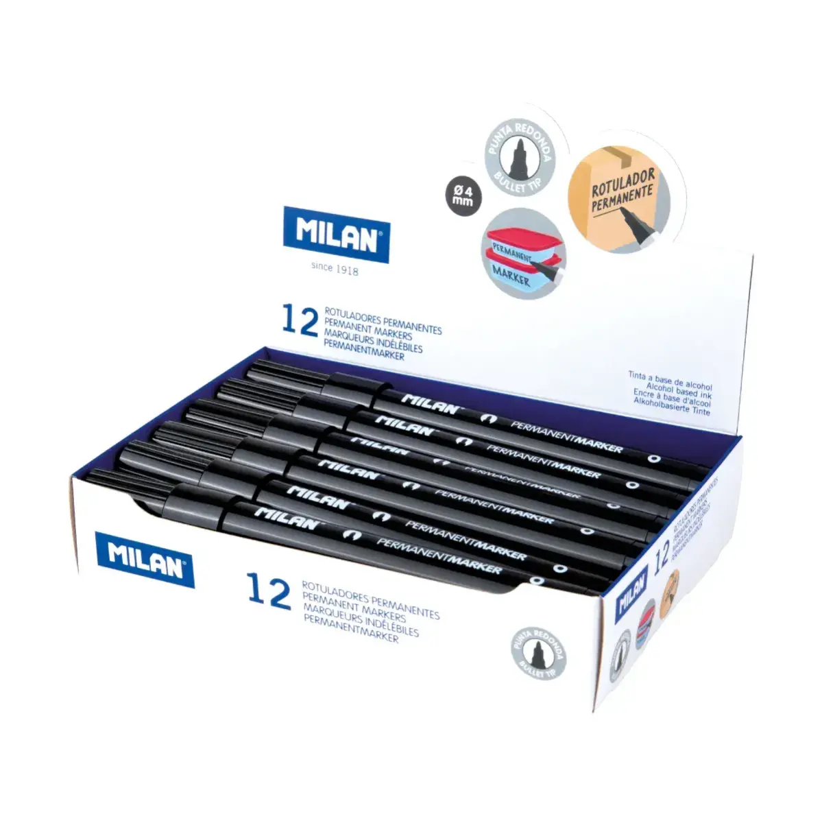 Kutu 12 siyah permanent markörü ve yuvarlak tip (Ø 4 mm)