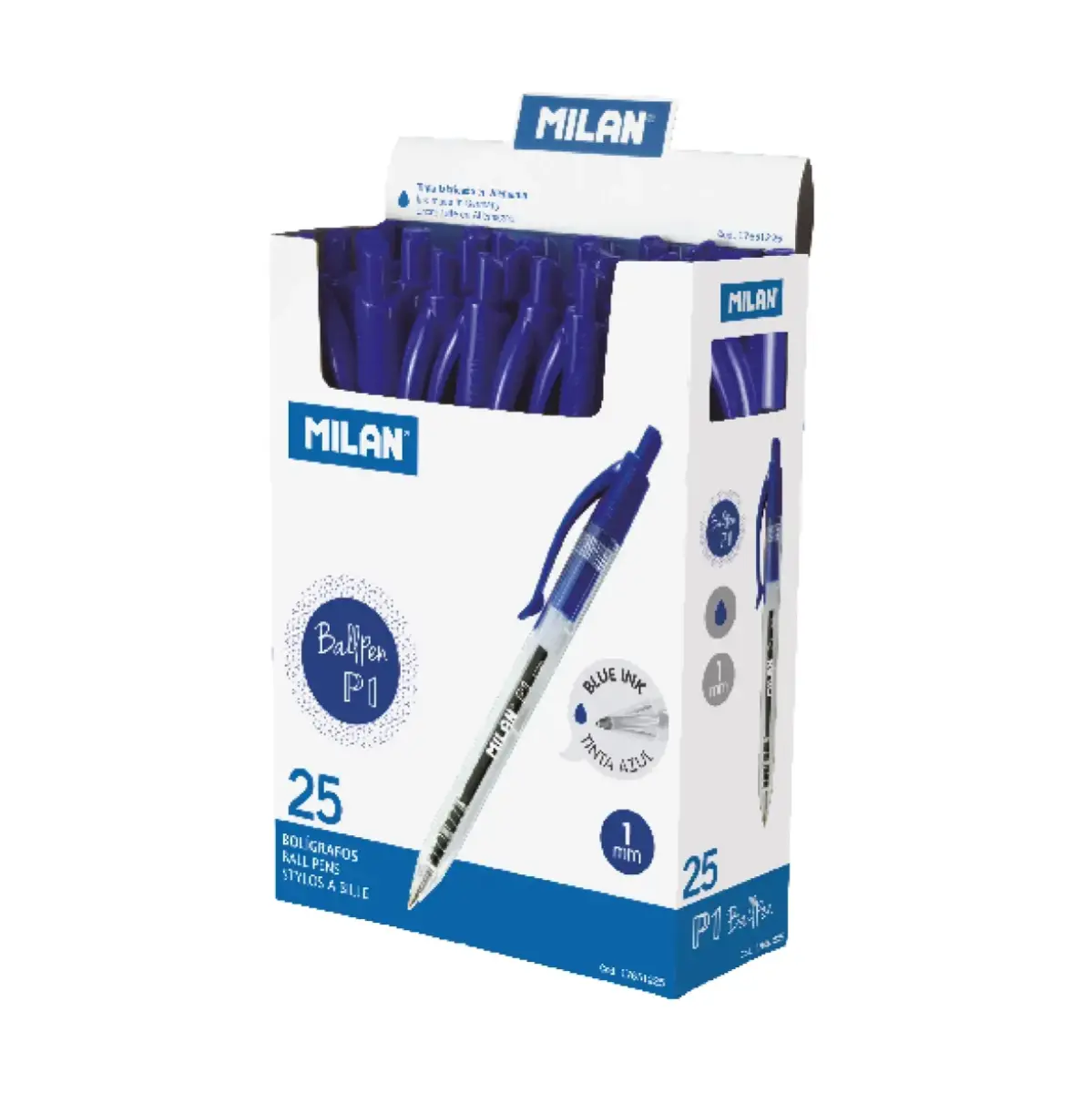 Kutu 25 mavi P1 tükenmez kalem ve şeffaf gövde