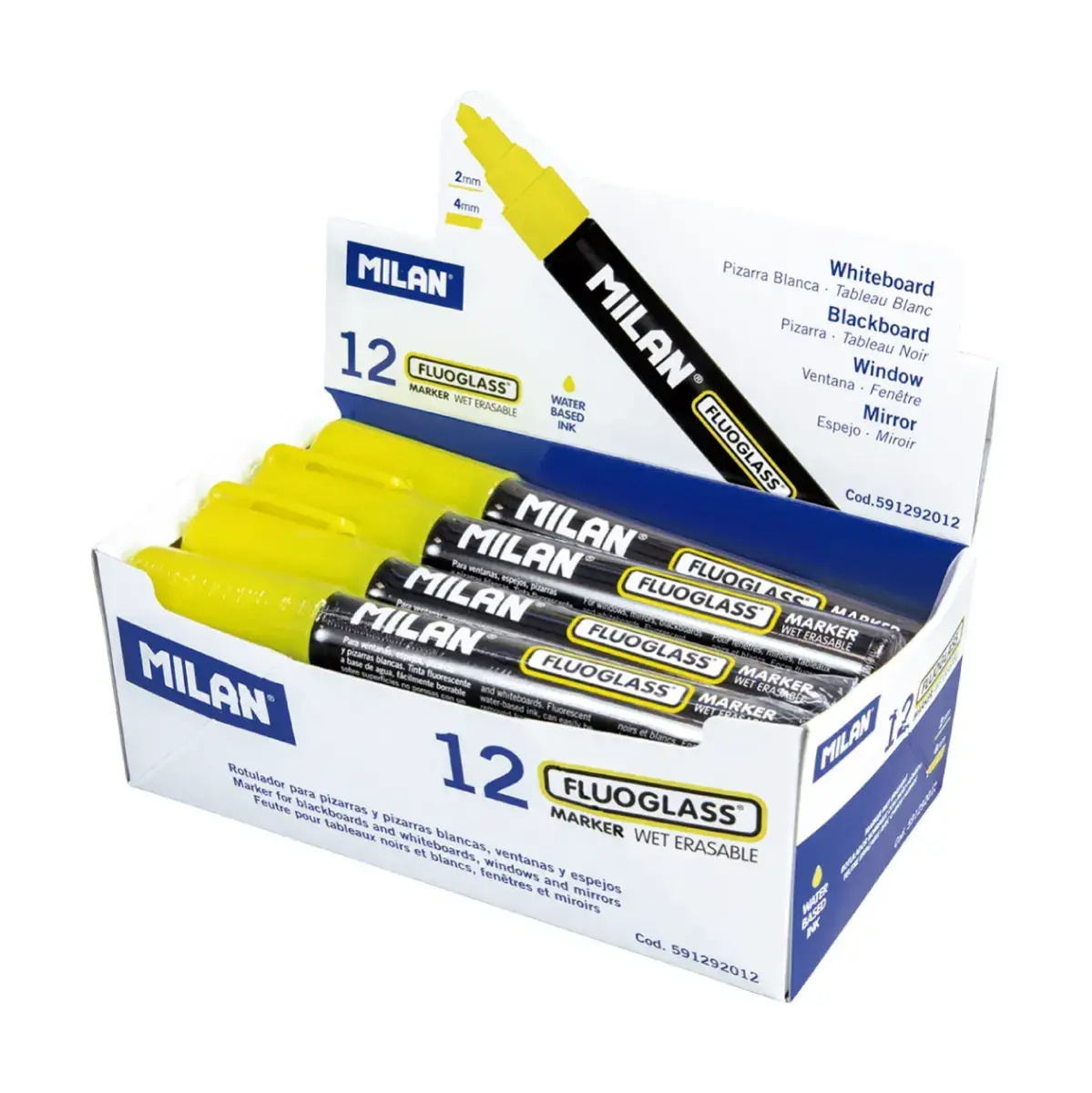 Teşhir kutusu 12 Fluoglass markör, chisel tip 2 - 4 mm, sarı renkli