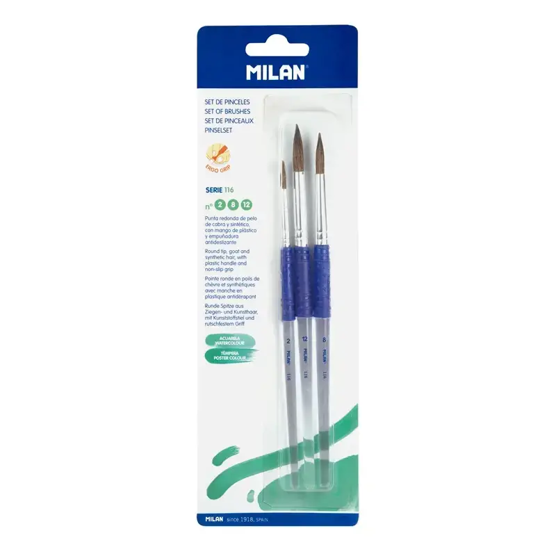 116 Serisi Yuvarlak %70 Keçi Kılı Fırça Ergonomik Plastik Saplı No. 2, 8, 12 3'li blister Paket