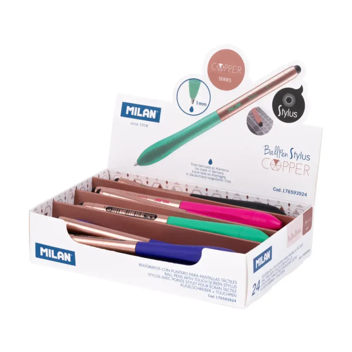Teşhir kutusu 24 Stylus Copper tükenmez kalem ve mavi mürekkepli