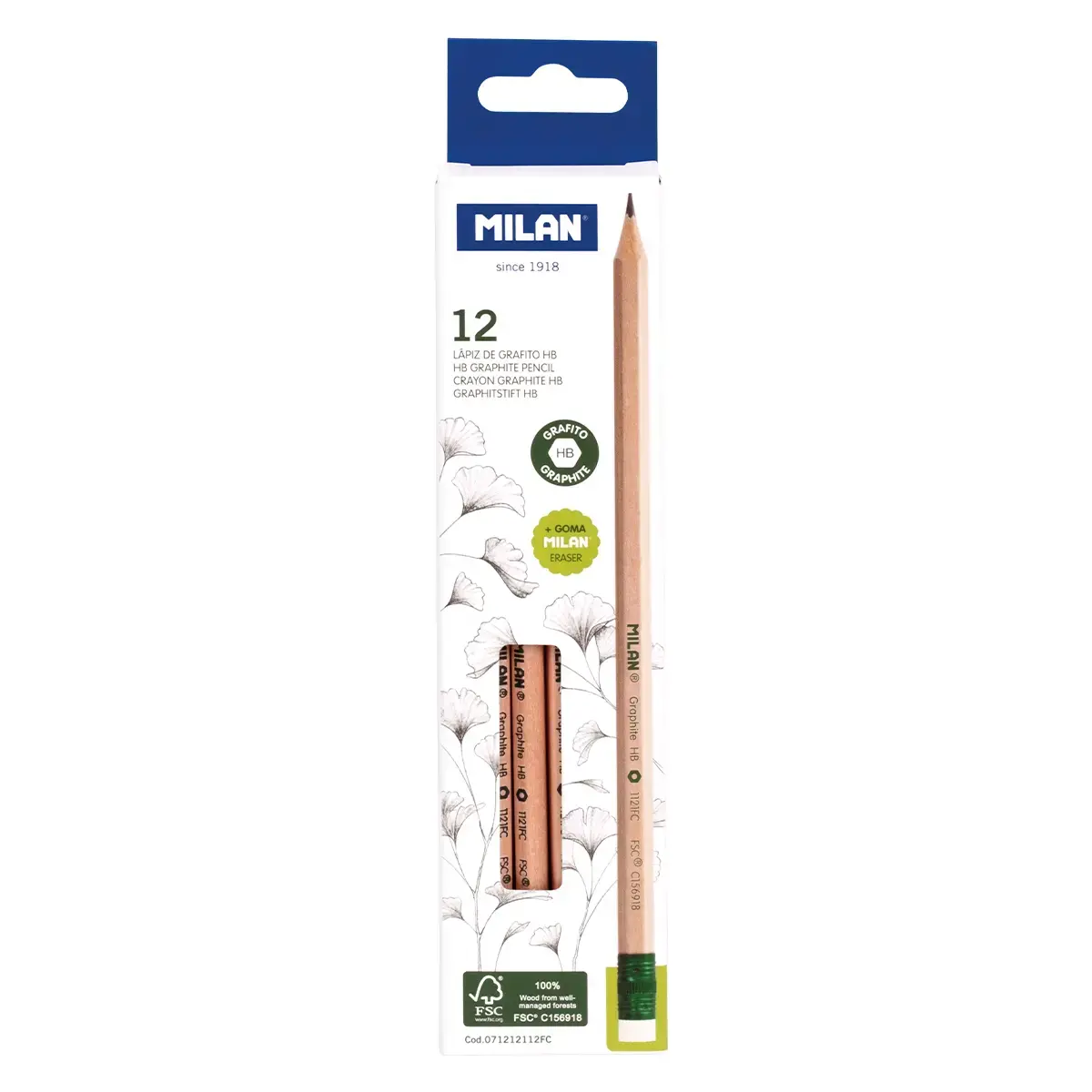 Kutu 12 altıgen HB grafit kalem ve silgi, FSC®-certified wood