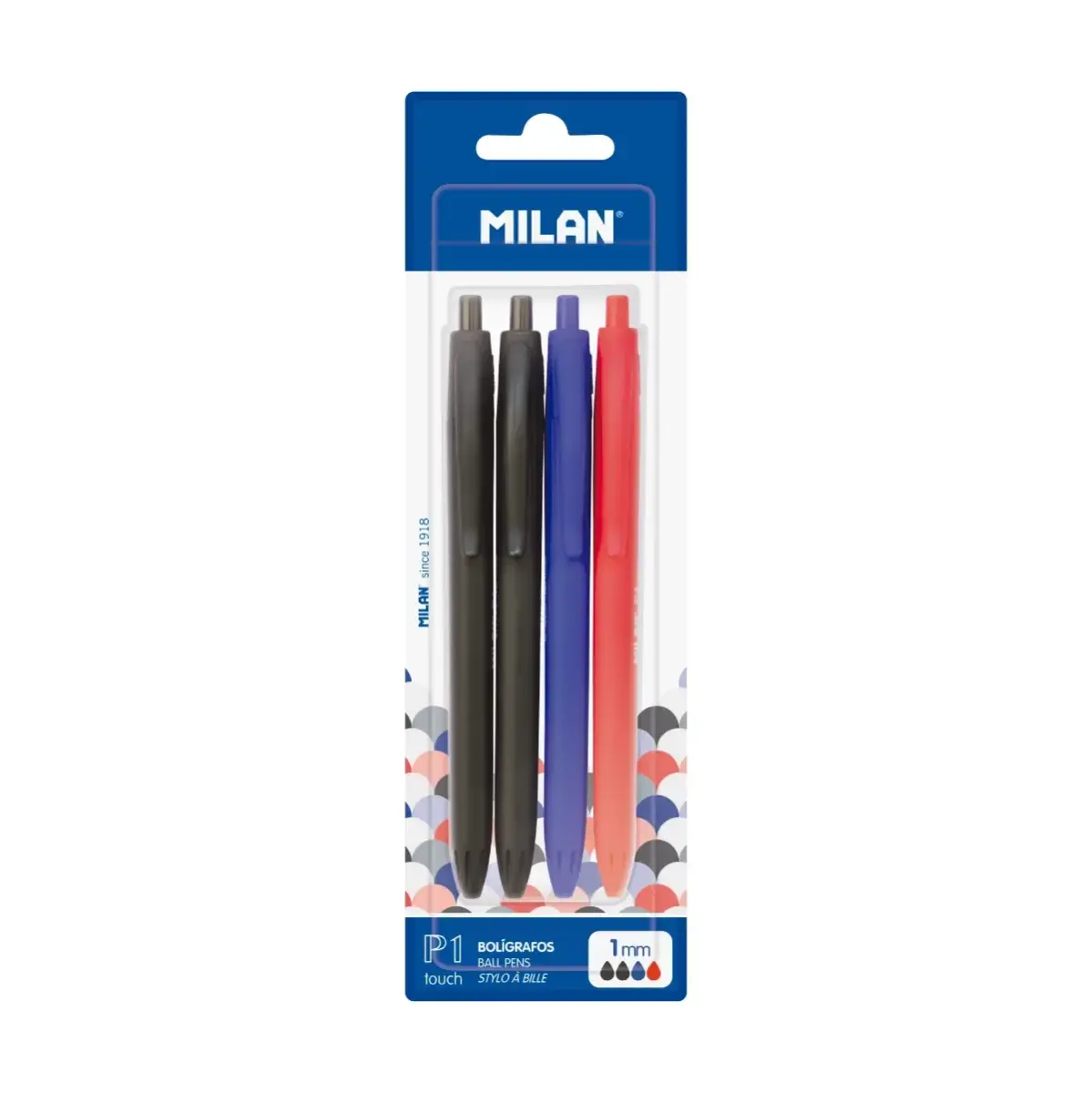 blister 4 karışık renkli P1 touch tükenmez kalem (2 siyah, 1 mavi ve 1 kırmızı)