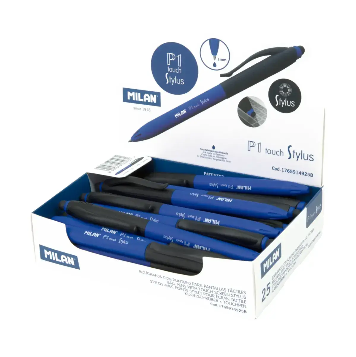 Teşhir kutusu 25 P1 touch Stylus tükenmez kalem, mavi mürekkepli