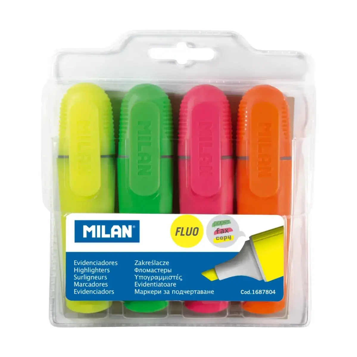 Şeffaf Askılı Paket 4 Fluo Fosforlu Kalem, karışık renkler