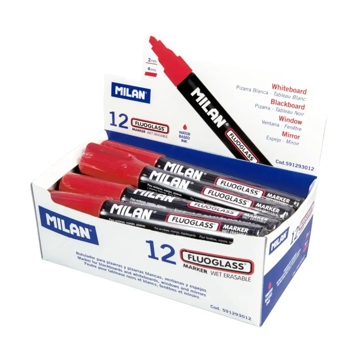 Teşhir kutusu 12 Fluoglass markör, chisel tip 2 - 4 mm, kırmızı renkli