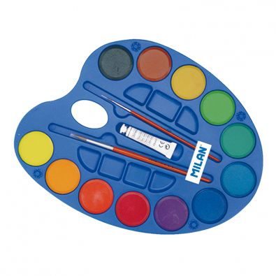 Set of 12 fluo and metal watercolour tablets Ø 30 mm with brush