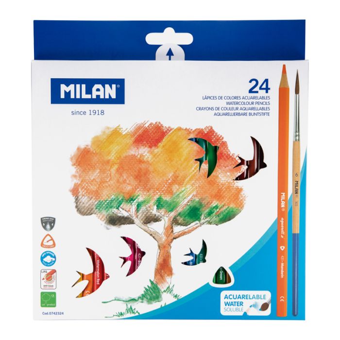 Caja 24 lápices de colores triangulares acuarelables + pincel • MILAN
