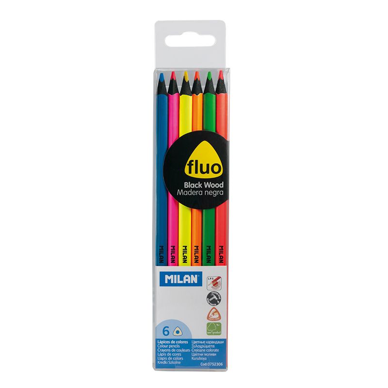 Falsificación adverbio étnico Caja 6 lápices de colores Fluo triangulares, madera negra • MILAN